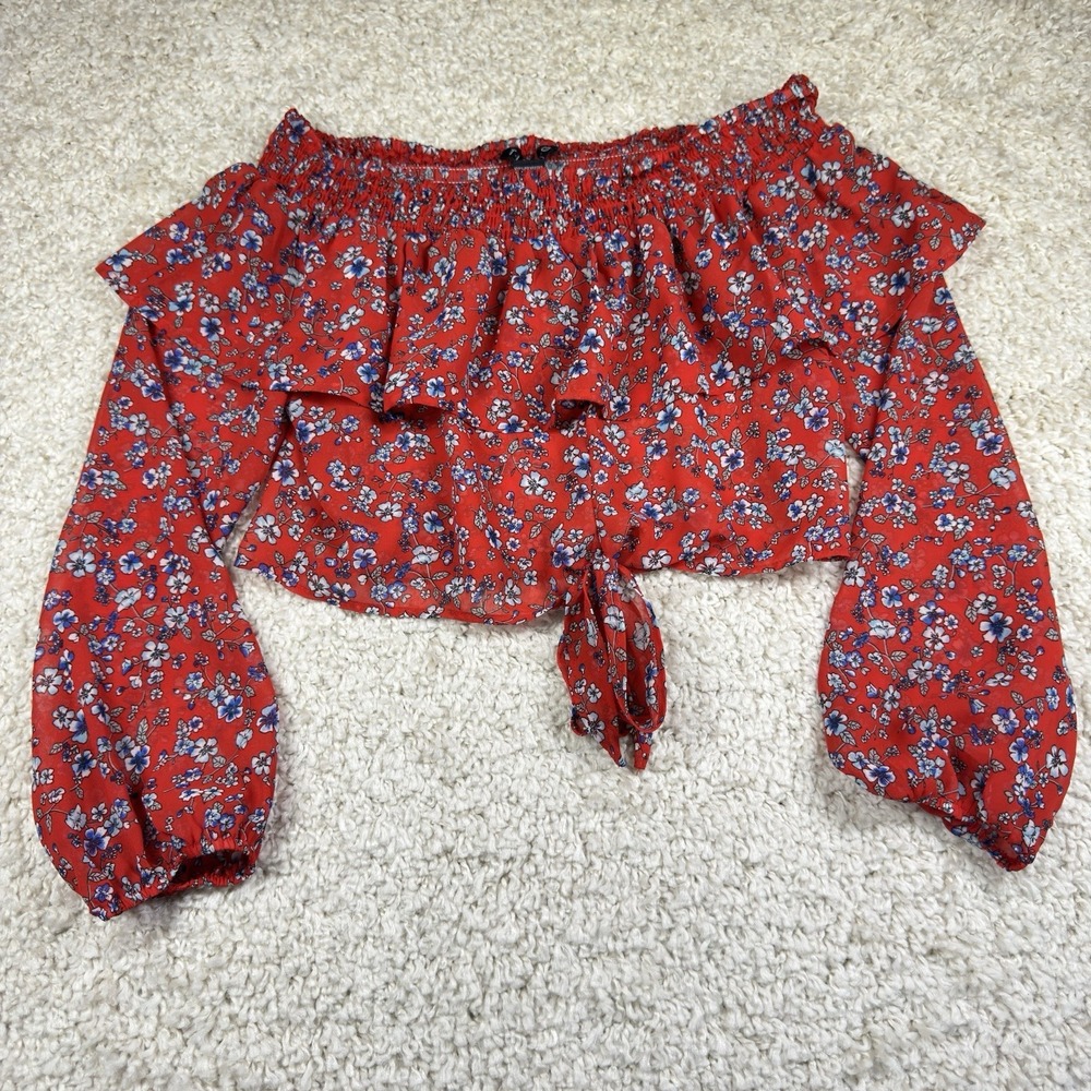 Timing Crop Top Women's Small Red Floral Peasant  Cottage‎ Girlhood Fairy